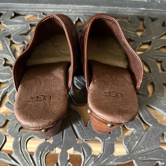 UGG Kaylee Leather Platform Clogs Brown Studded Wood Heel Braided Strap Size 7 - Picture 11 of 14